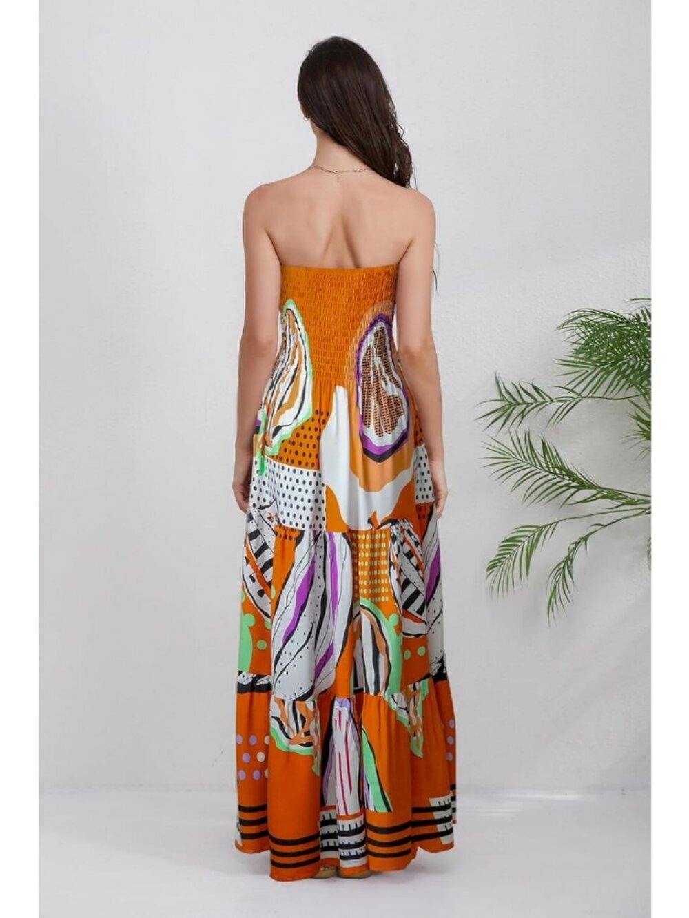 Women's Orange Dot Strapless A Line Tube Top Backless Casual Sun Maxi Dress - Picture 5 of 6